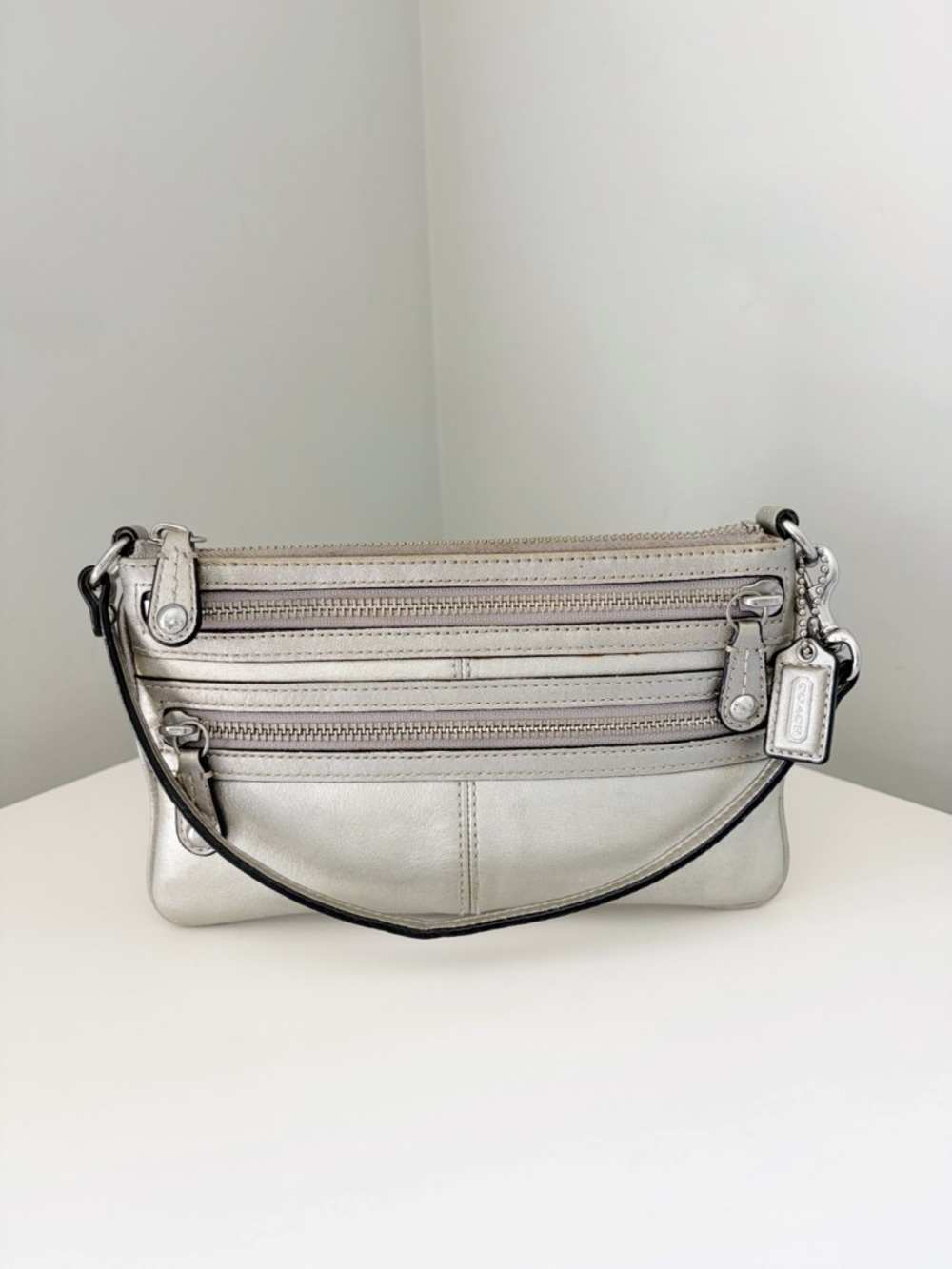 Coach Y2K Metallic Silver Leather Wristlet Clutch